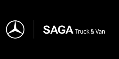 Mercedes-Benz logo beside the text 'SAGA Truck & Van' on a black background.