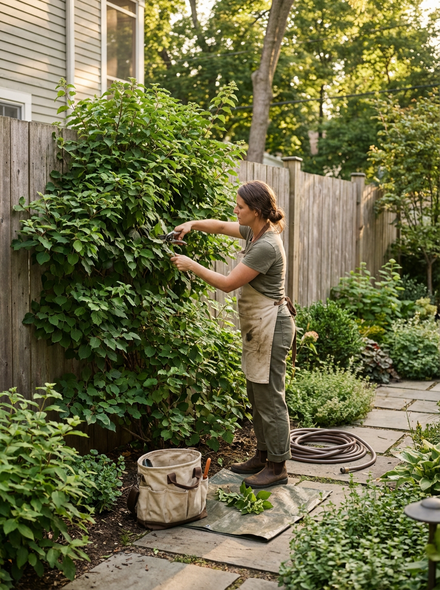 Woman pruning a large leafy bush in a backyard garden during the daytime.