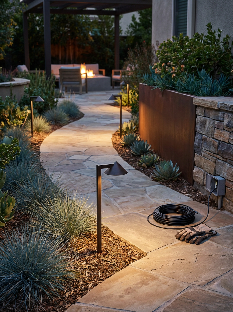 Landscape pathway with outdoor lighting leading to a backyard patio with seating and a fire pit, surrounded by desert plants and a stone wall.