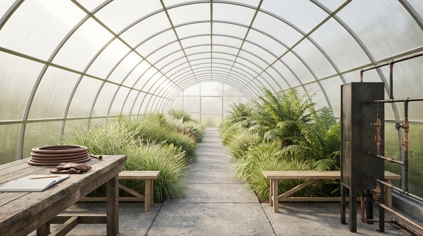 Inside a greenhouse with lush green plants along both sides of a concrete pathway, a weathered wooden workbench on the left with gardening gloves, a coiled garden hose, and an open notebook, and a black metal industrial heater or generator on the right.