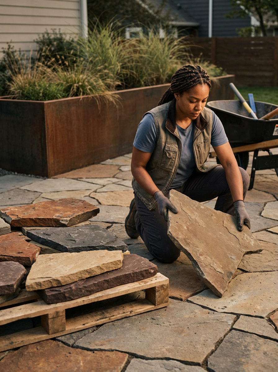 Woman installing natural stone pavers in a backyard garden with plants and a wheelbarrow nearby.