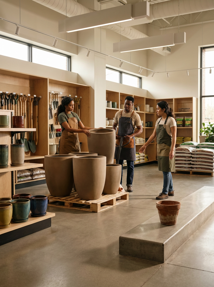 Three people are shopping for pottery in a store, with shelves of ceramic pots and gardening supplies around them.