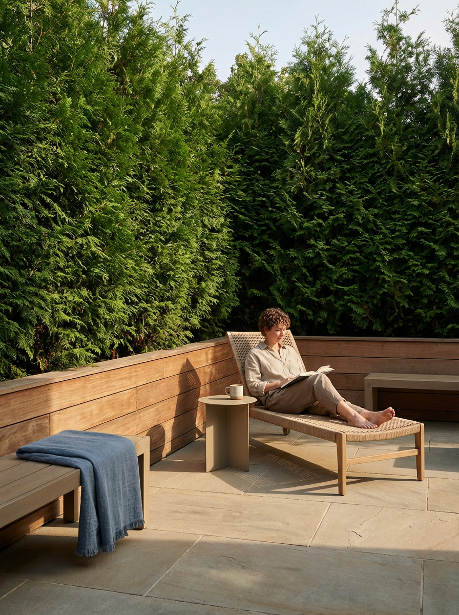 A woman relaxing on a lounge chair outdoors, reading a book with a cup on the small side table next to her. There is a bench with a blue blanket on it nearby. The setting is a private patio surrounded by tall green bushes and trees.