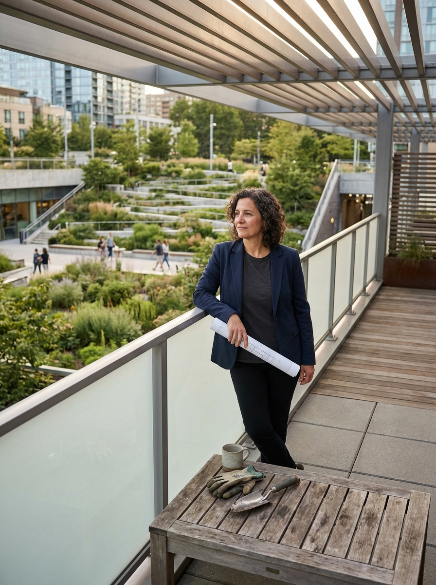 Woman holding a rolled-up blueprint on a balcony overlooking a landscaped urban park with trees and shrubs, surrounded by modern buildings.