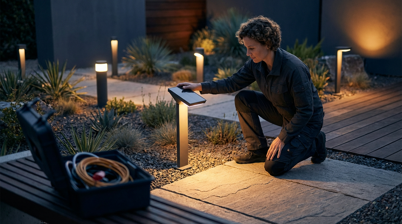 A person kneeling outside at night, working with landscape lighting and a solar-powered light fixture.