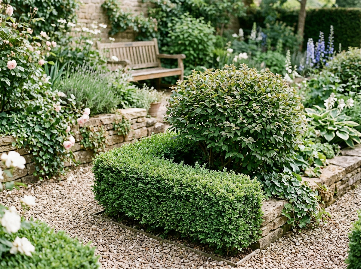 A lush garden with trimmed bushes, blooming flowers, a stone-edged flower bed, a wooden bench, and a gravel pathway.