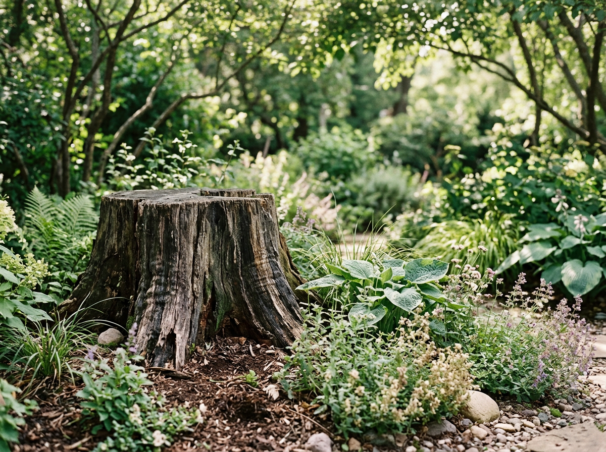 A tree stump surrounded by green plants and flowers in a forest or garden setting