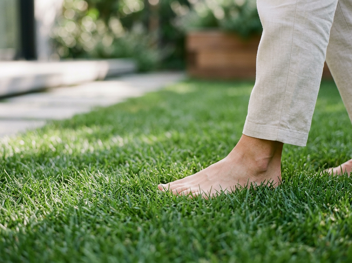 Person standing barefoot on green grass in a backyard with blurred trees and plants in the background.