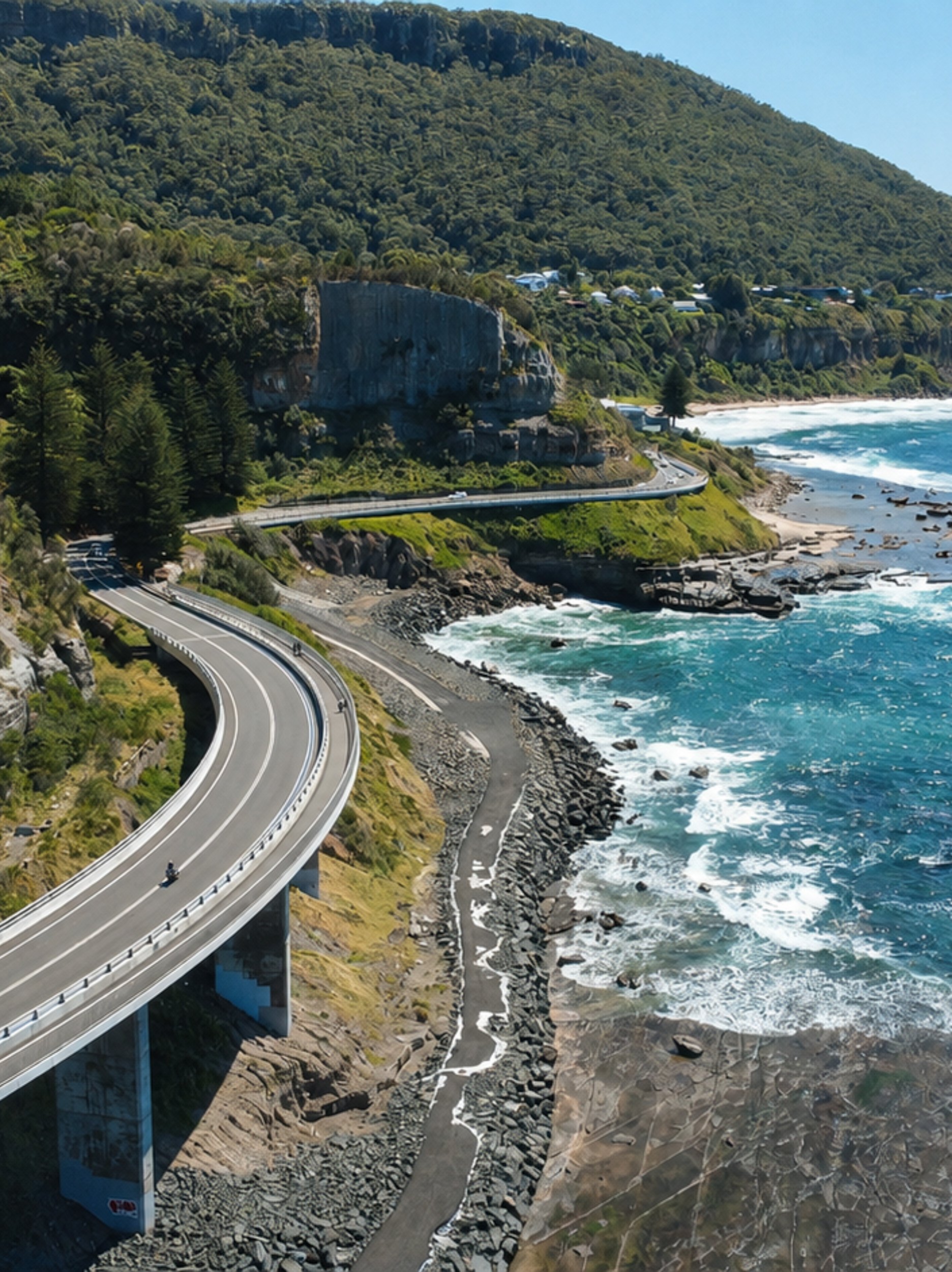 A coastline with a winding road and a bridge, set against lush green hillside and ocean waves.