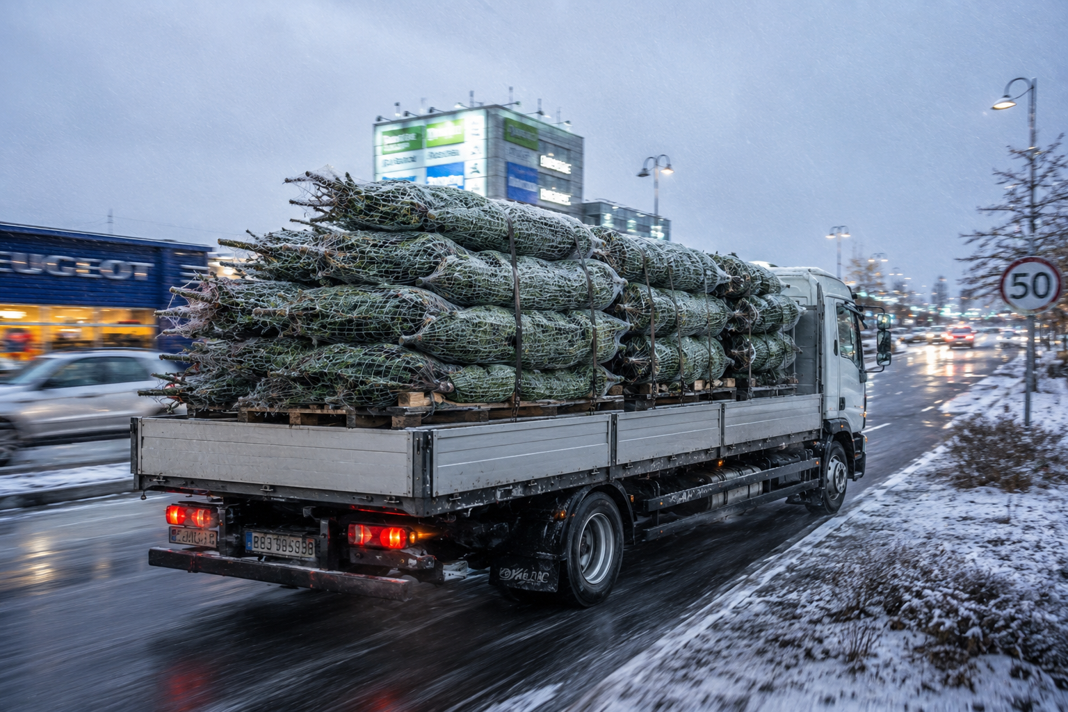 En lastebil kjører på veien med paletter med julegraner lasting, det er snø på bakken og det er høstvær.