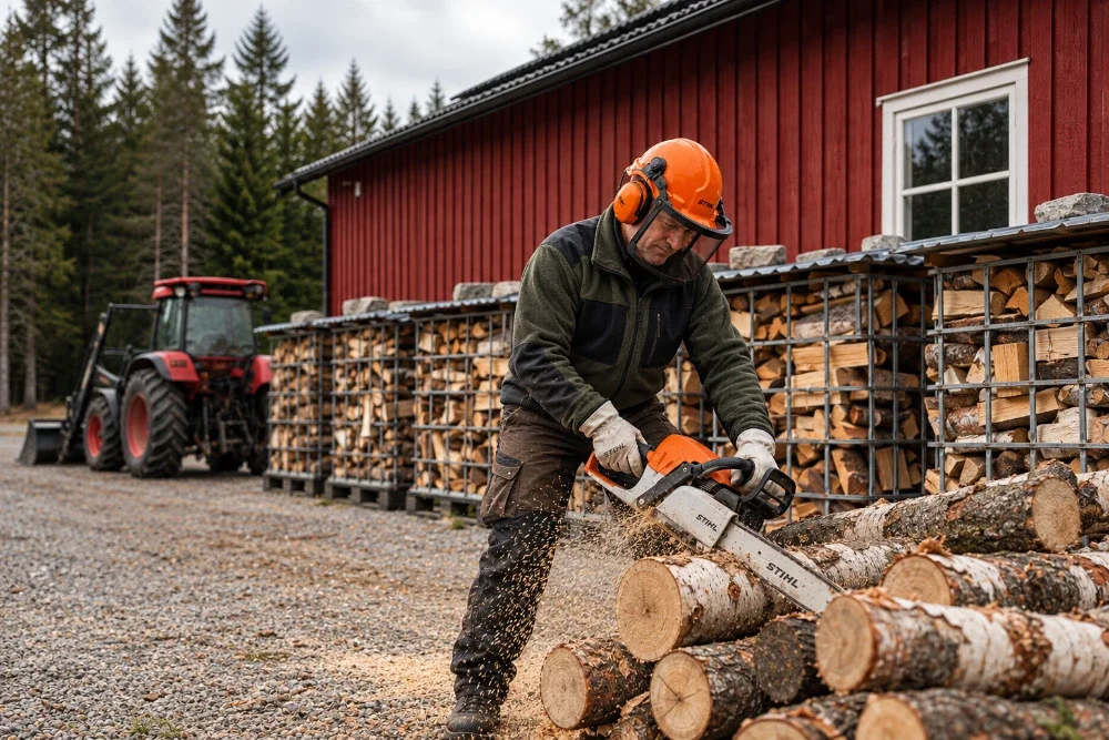 En mann skjærer trestokker med en kjedesag foran en stor lagring av ved, med en rød bygning og trær i bakgrunnen.