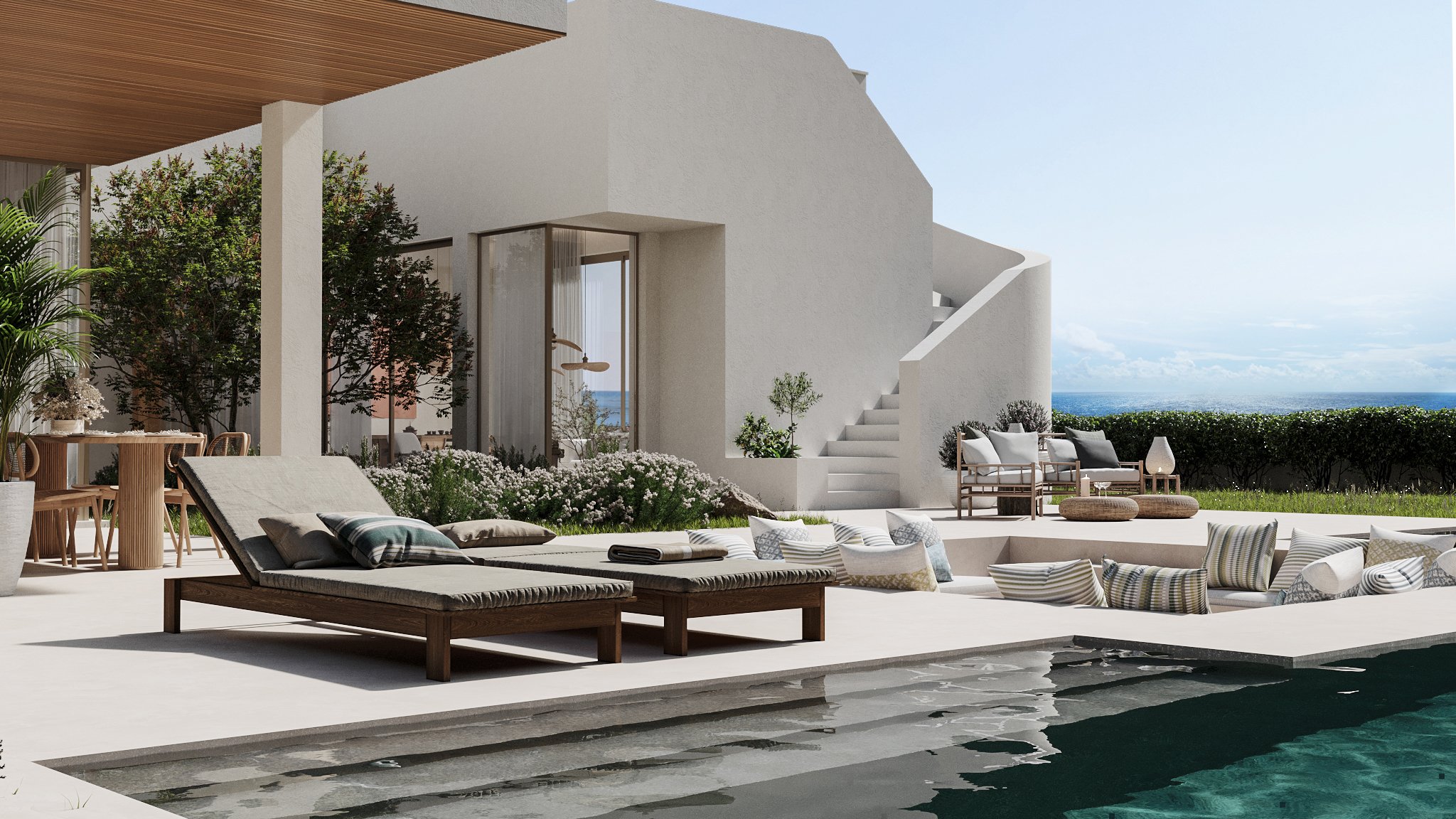 Modern outdoor patio space with lounge chairs, cushioned seating, a table with potted plants, and a view of the ocean in the background. Beach side luxury getaway home. Cyprus