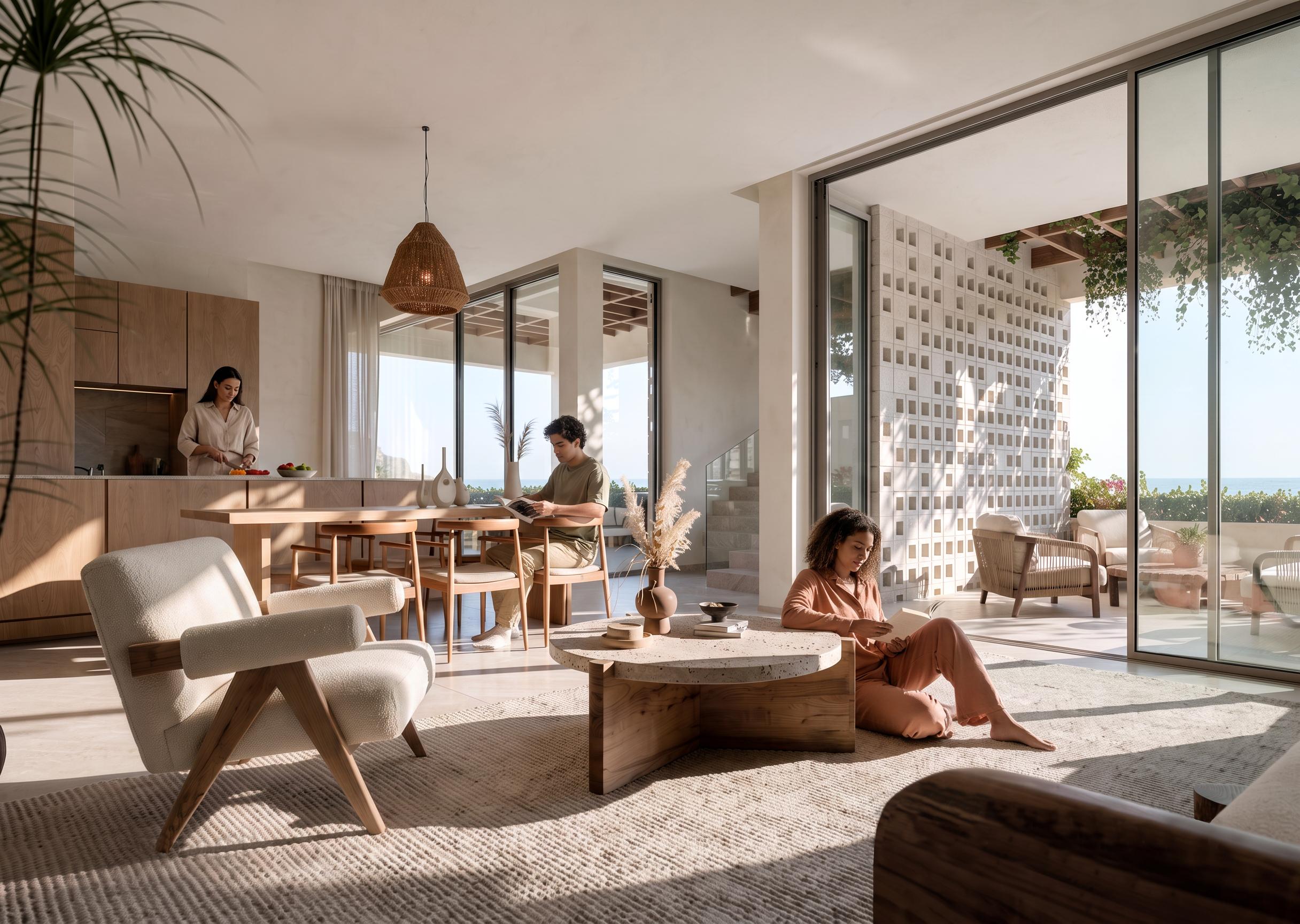 A bright, modern living space with large glass doors and windows, showing a patio with greenery outside. Inside wooden kitchen area with people relaxing and reading in the sunlit room beachside house room. Beach side Cyprus luxury villa getaway.