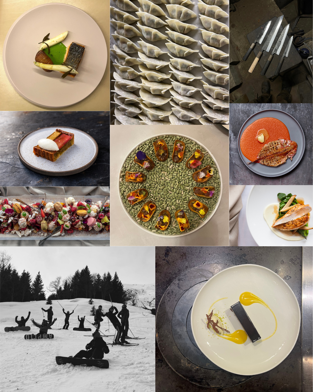 Collage of photographs showing gourmet dishes, food preparation, and people skiing in snow.