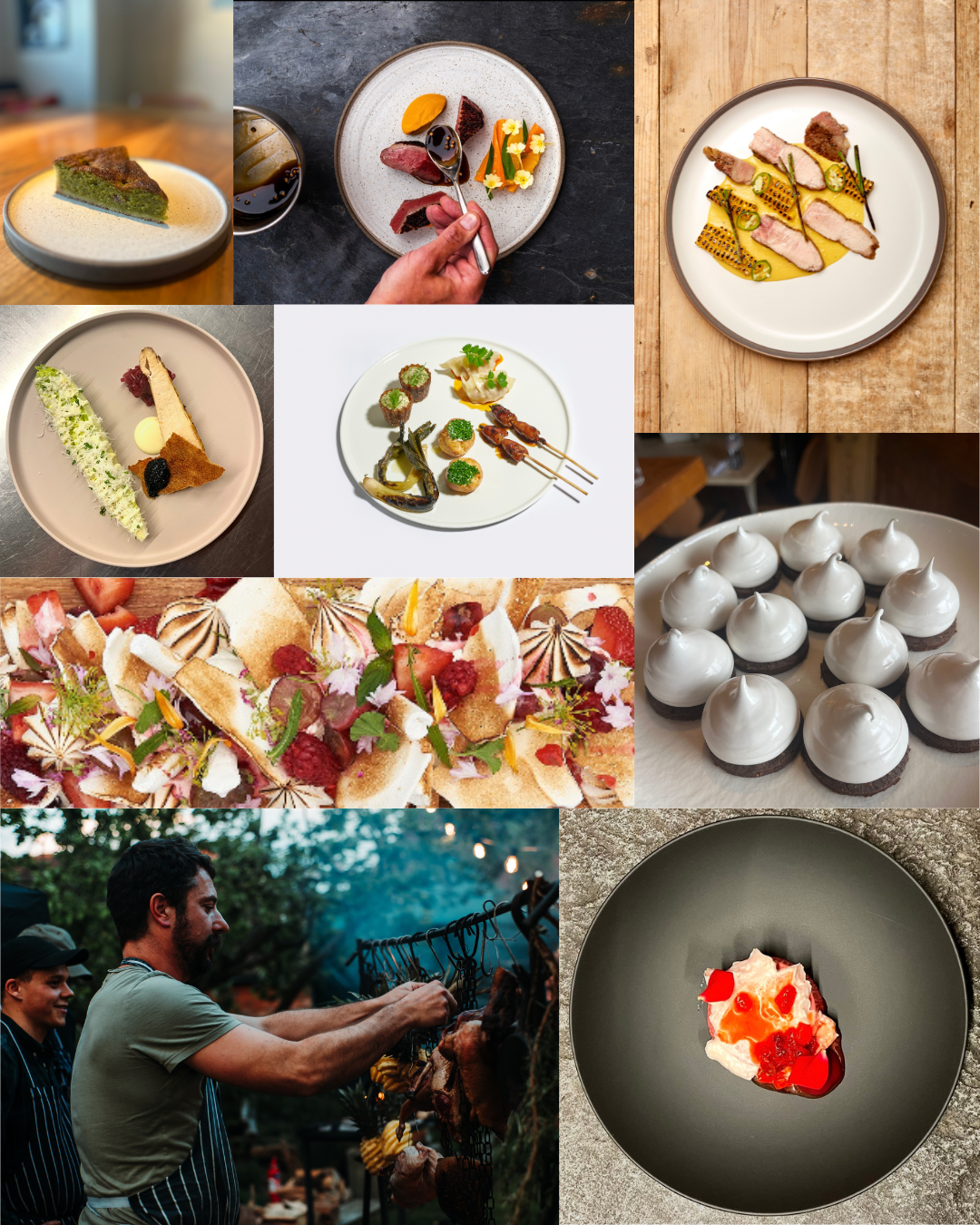 A collage of various dishes and food scenes including desserts, appetizers, main courses, and a person cooking outdoors.