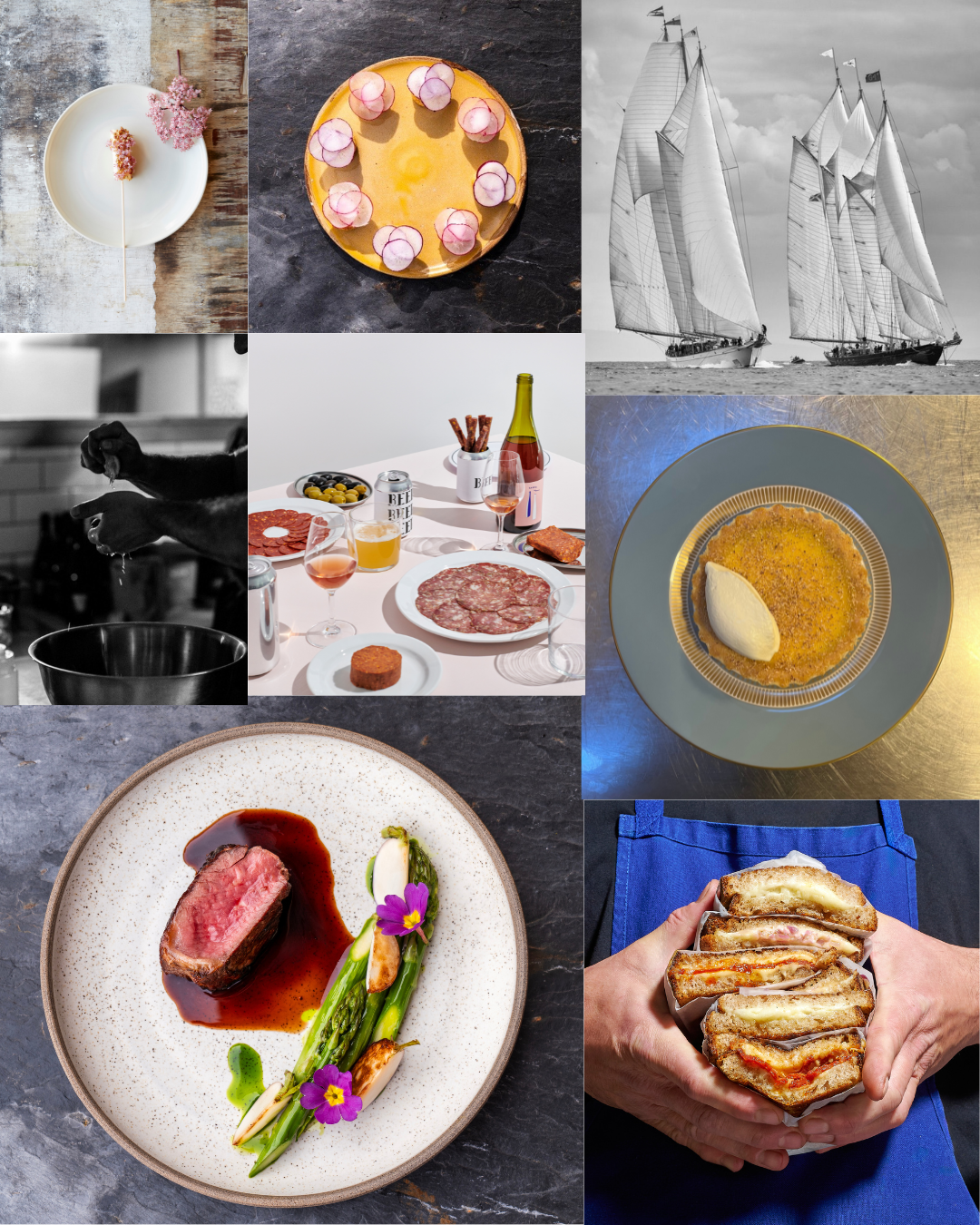 A collage of images showing food, beverages, a sailing ship, and a dog in black and white. The food includes a dish with meat and vegetables, a plate with sliced beef, a small plate of layered sandwich halves, and a round dish with a creamy dessert topped with a dollop of cream. There are drinks such as wine, beer, and cocktails, as well as two plates with garnished appetizers and a dish with skewered cold cuts and olives. The black and white photo features a dog with water dripping from its mouth, and the illustration shows two large sailing ships on the sea.