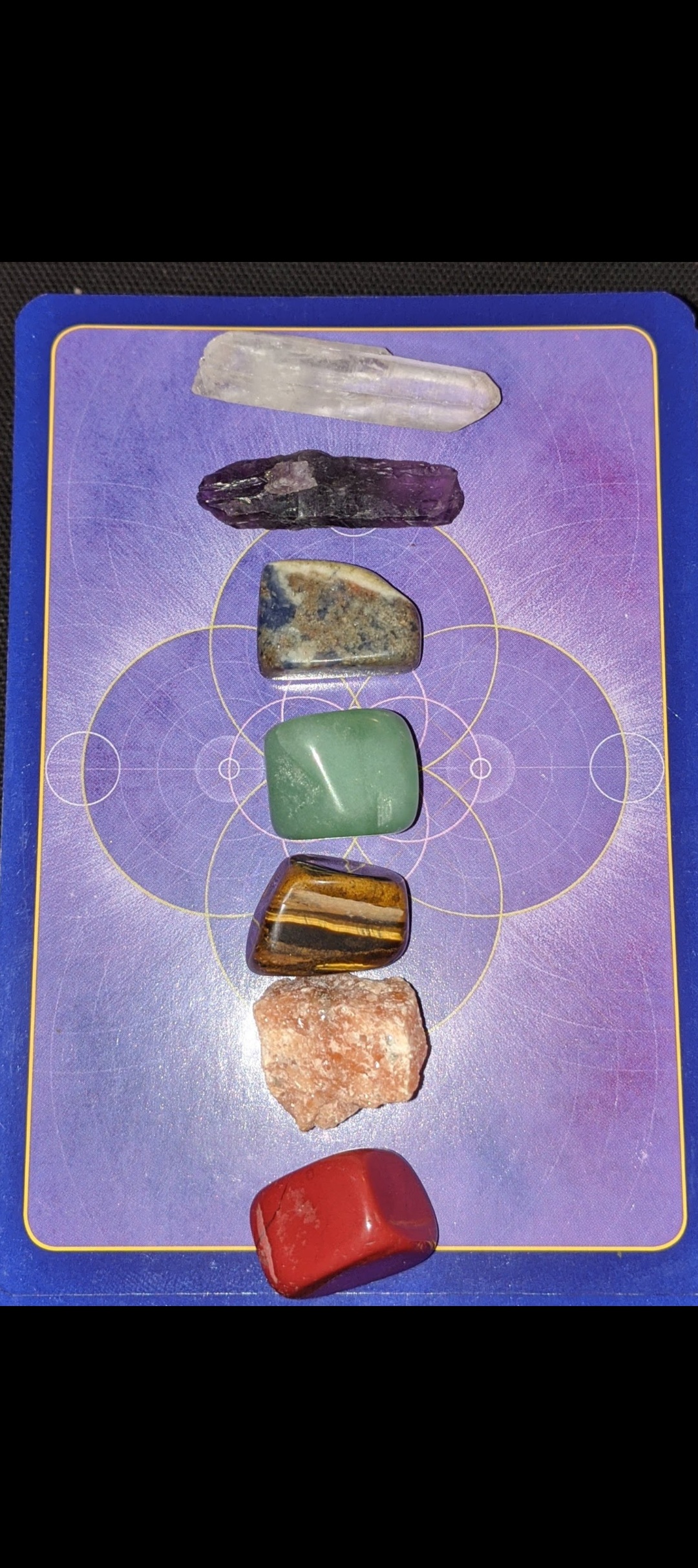 A collection of seven polished and raw crystals and stones arranged vertically on a purple grid card with gold circles.