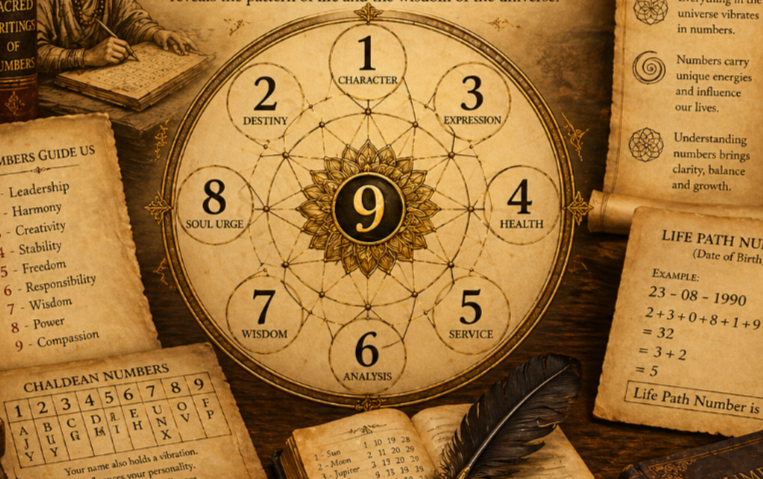 A circular chart with nine sections and the number nine at the center, surrounded by labels: Character, Expression, Health, Service, Analysis, Wisdom, Soul Urge, Destiny. The chart has gold decorative elements and is placed on a wooden surface alongside scrolls, a feather quill, and a numeric chart.