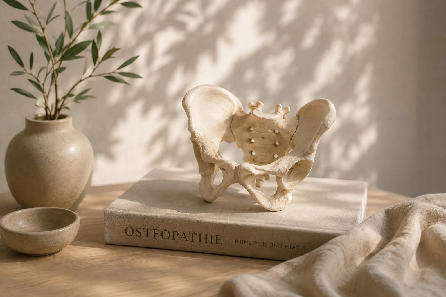 Ein Bücherblock mit dem Titel ‚Osteopathie Prinzipien und Praxis‘, darauf eine modellhafte Darstellung eines menschlichen Beckenknochens, daneben eine Vase mit grünen Zweigen, eine kleine Schüssel und ein cremefarbener Stoff auf einem Holztablett.