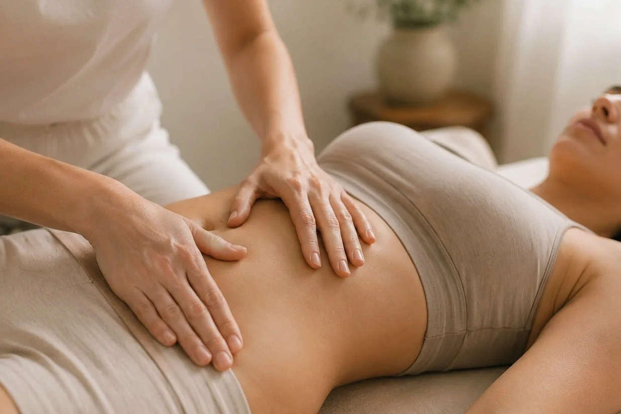 Eine Person erhält eine Bauchmassage bei einer Behandlung im Wellness- oder Physiotherapiebereich.