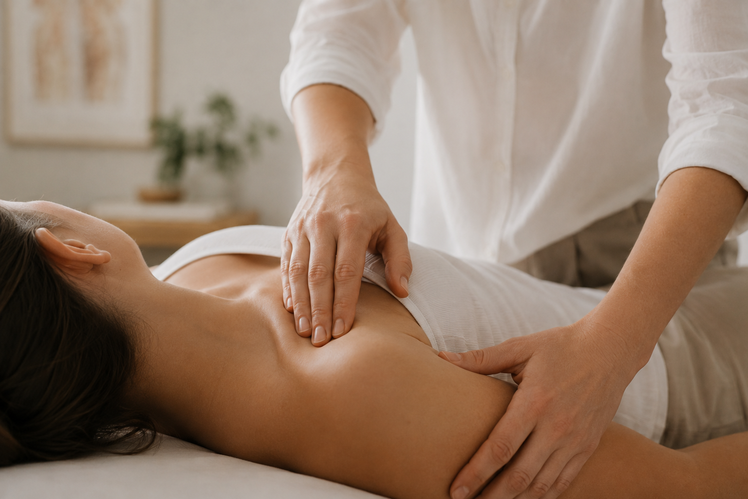 Therapeutin gibt einer Frau eine Massage am Bauch in einem Behandlungsraum.