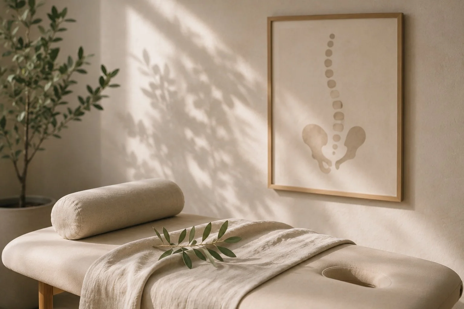 Bequeme Massagebank in einem Raum, mit einer weißen Decke, einem kleinen Zweig mit Blättern, einem Wandbild mit abstrakten Formen und einem Topfpflanze im Hintergrund, mit natürlichem Licht und Schatten.