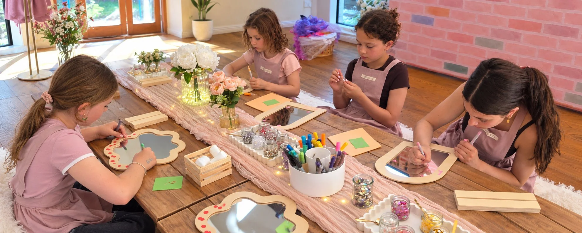 Children decorating flower-shaped mirrors at a Creative Studio craft party