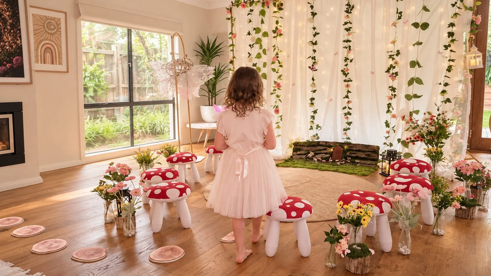 Girl in a white tutu gazing at an enchanted garden fairy party set-up with toadstool stools and a vine backdrop in Melbourne