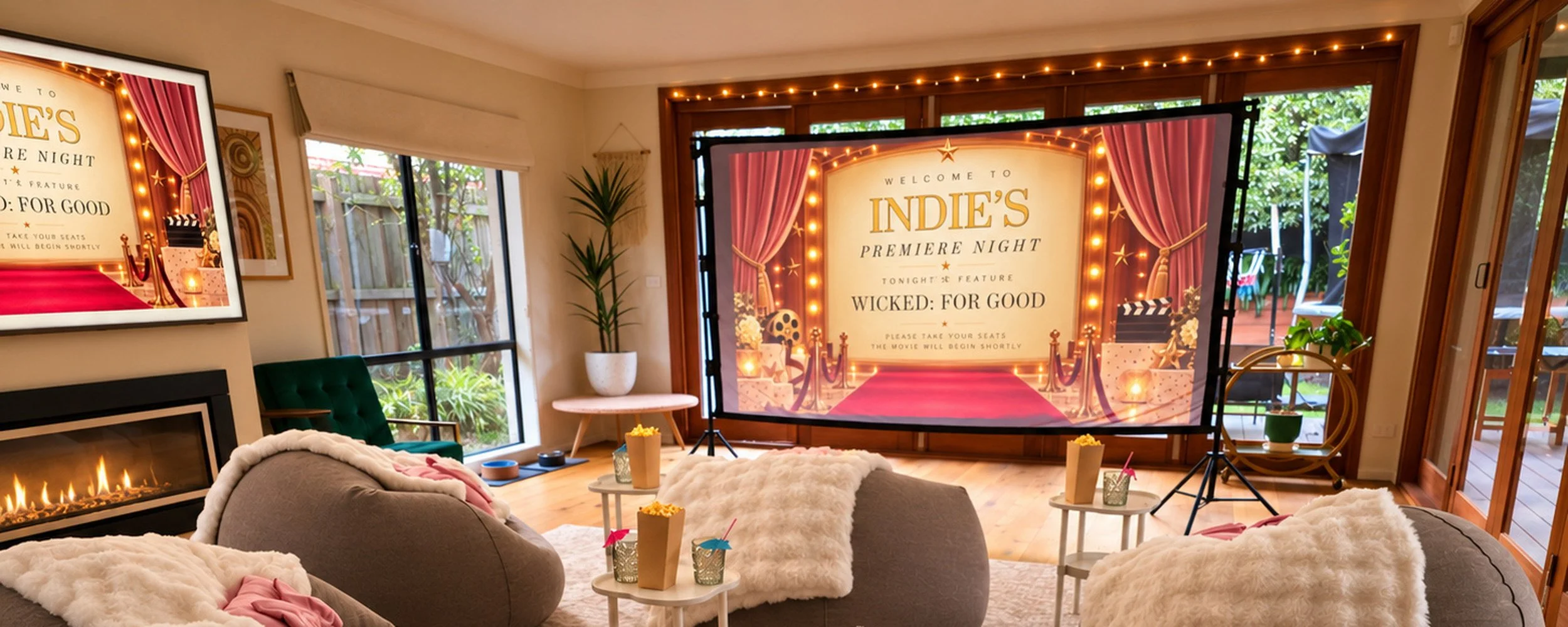 Movie lounge with luxe inflatable chairs and a personalised premiere screen set up for a Premiere Night party