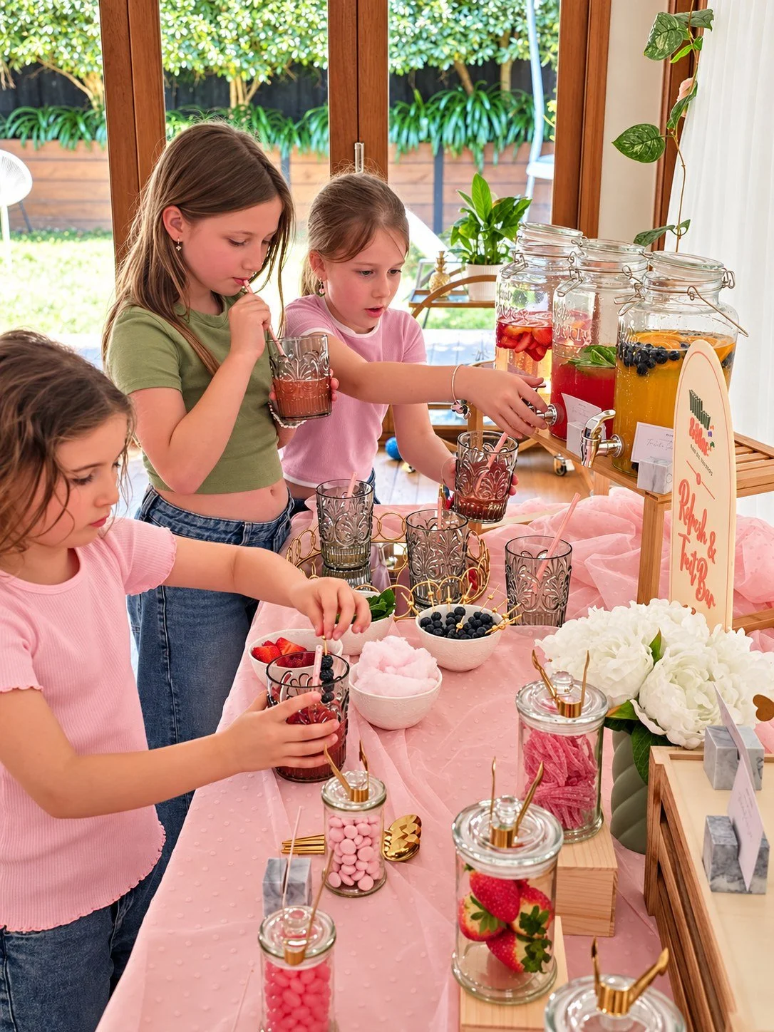 Girls mixing their own mocktails at the Refresh & Treat Bar