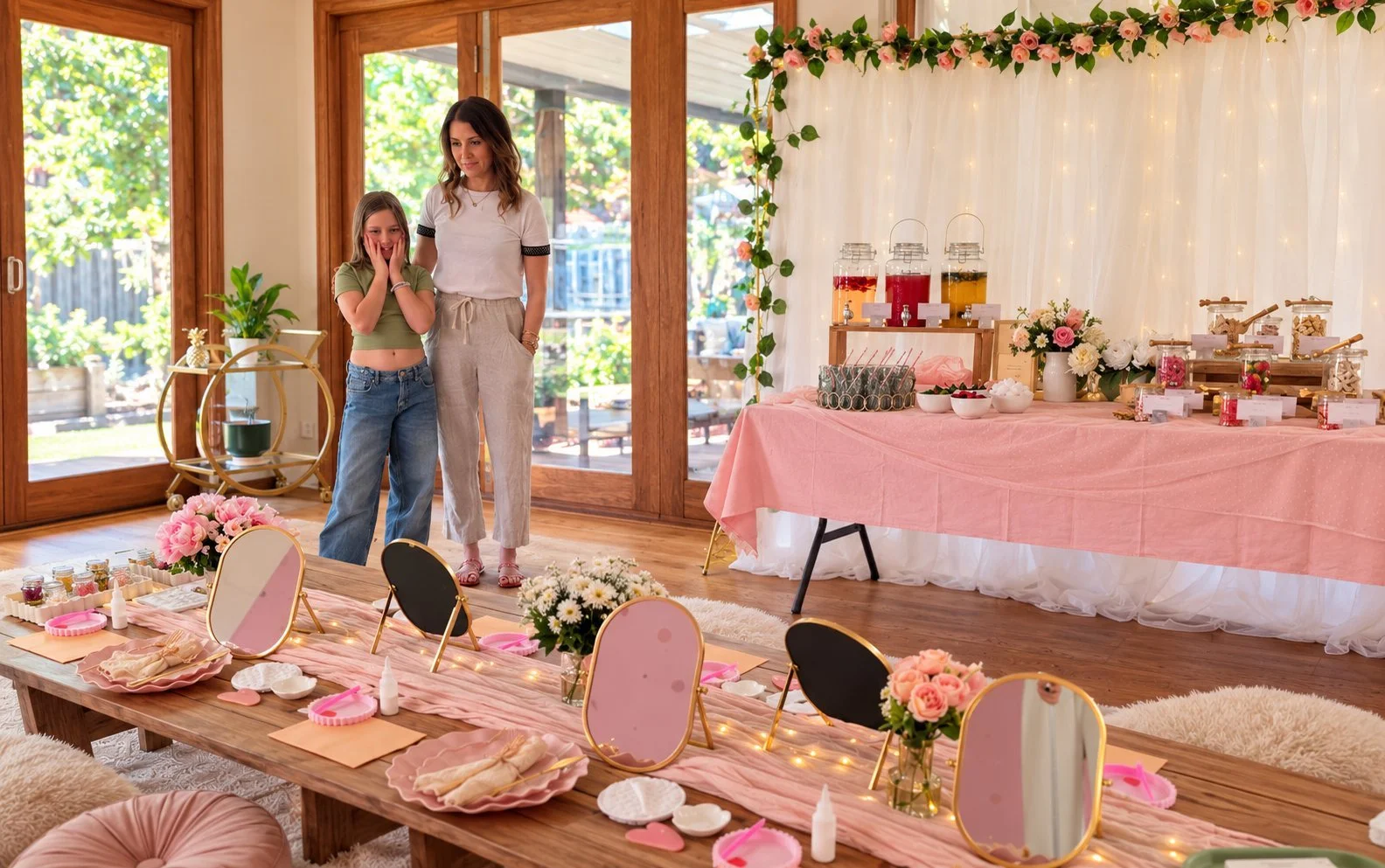 Mother and daughter reacting with surprise as they see their spa party set-up for the first time