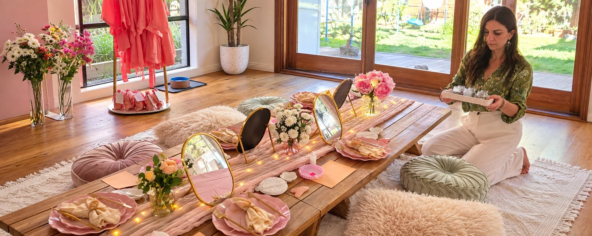 Willow & Mae founder setting up an at-home spa party table before guests arrive