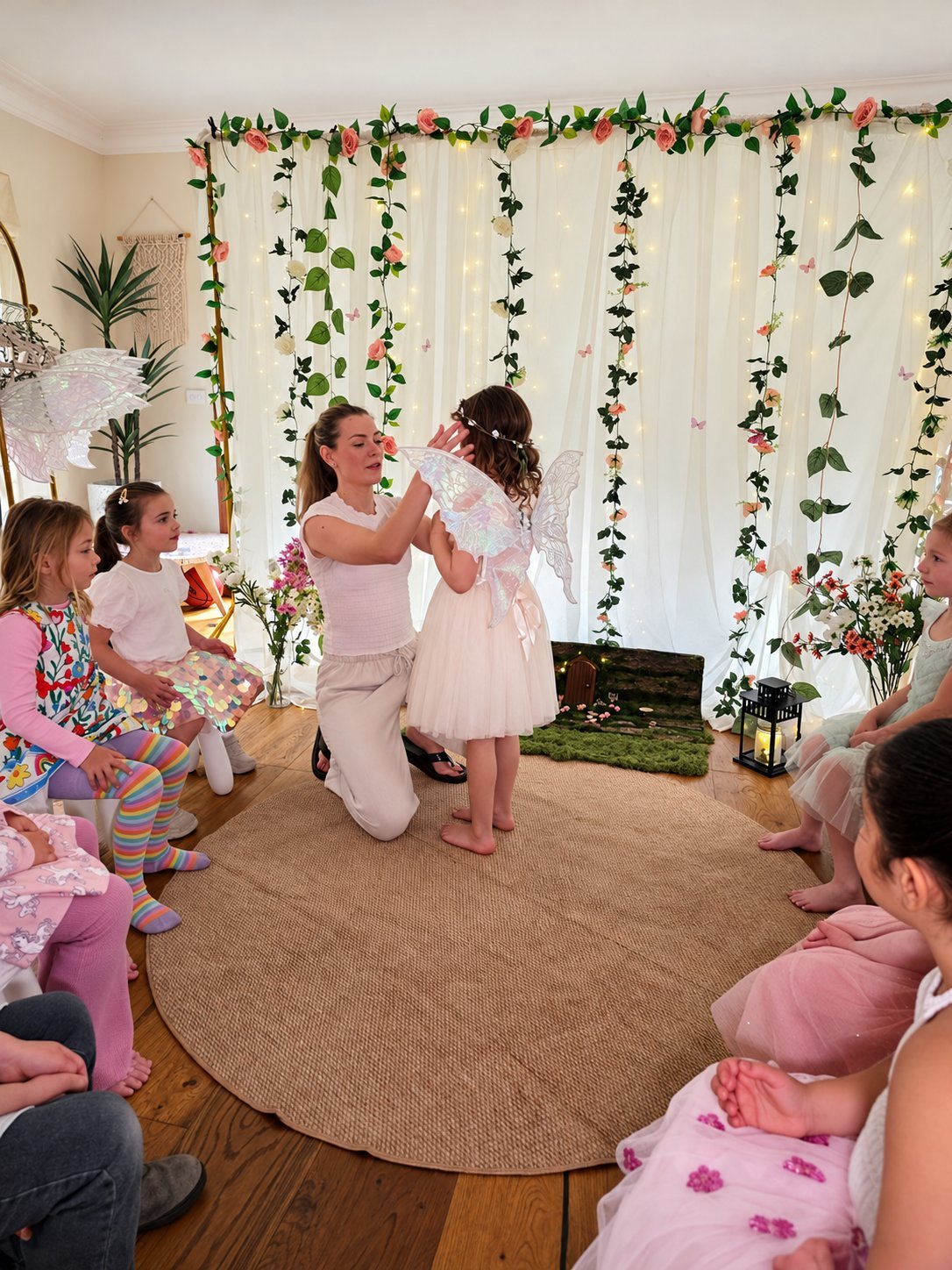 Party host fitting flower crown on a girl during the fairy circle wings ceremony as friends watch from toadstool stools