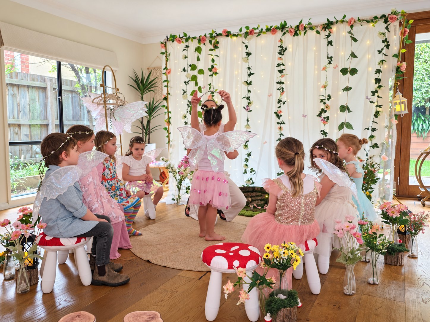 Party host fitting fairy flower crown on a girl during the fairy circle wings ceremony