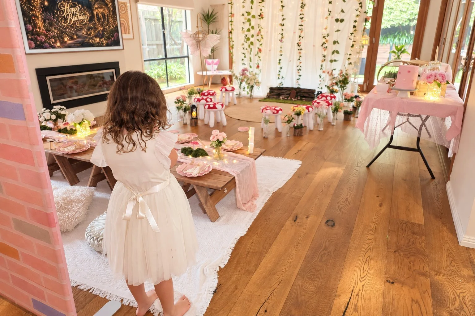 Girl in a white tulle dress stepping into an enchanted garden party room with toadstool stools and hanging vines