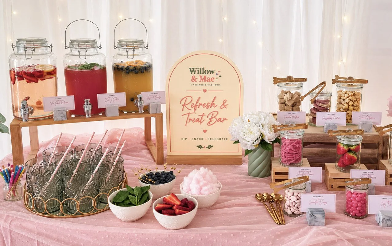 Willow & Mae Refresh & Treat Bar with fruit-infused drinks, mocktail garnishes and lolly jars