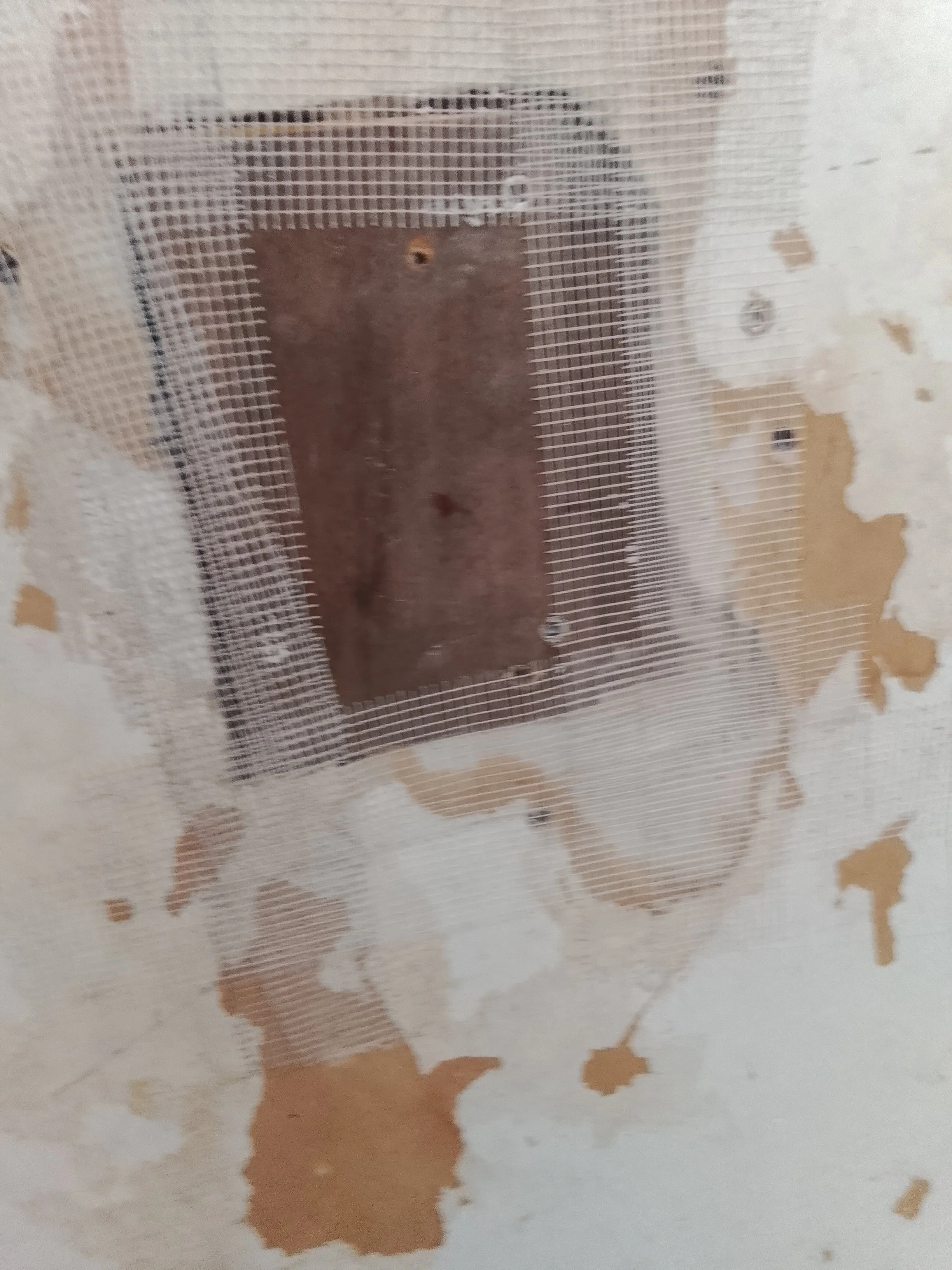 A view of an interior ceiling with a square air vent and peeling paint or wallpaper around it, with some water damage or stains visible nearby.