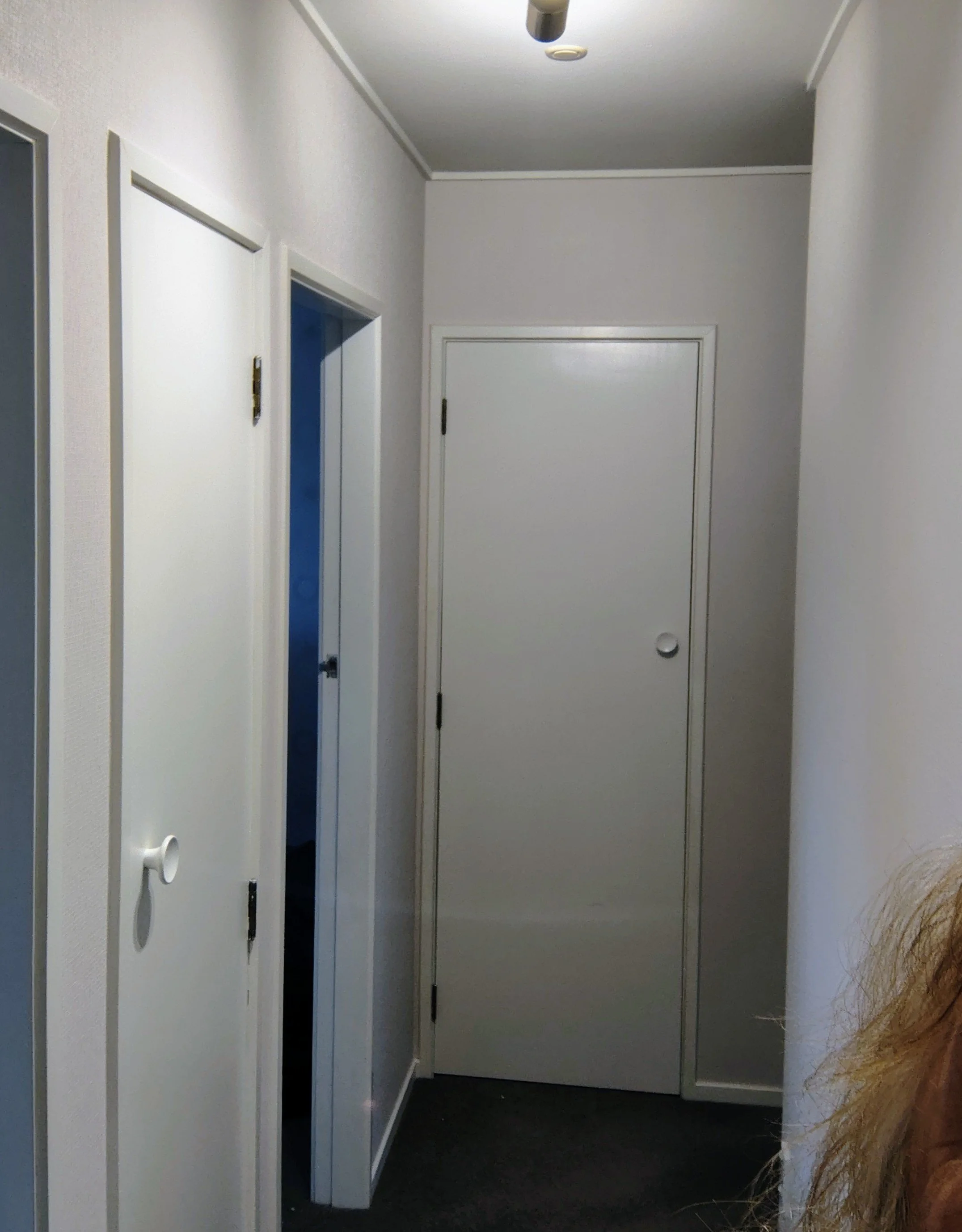 A hallway with white walls and a closed white door at the end. There are two doors on the left side, one open revealing a blue area inside. The ceiling has a light fixture. The floor is dark.