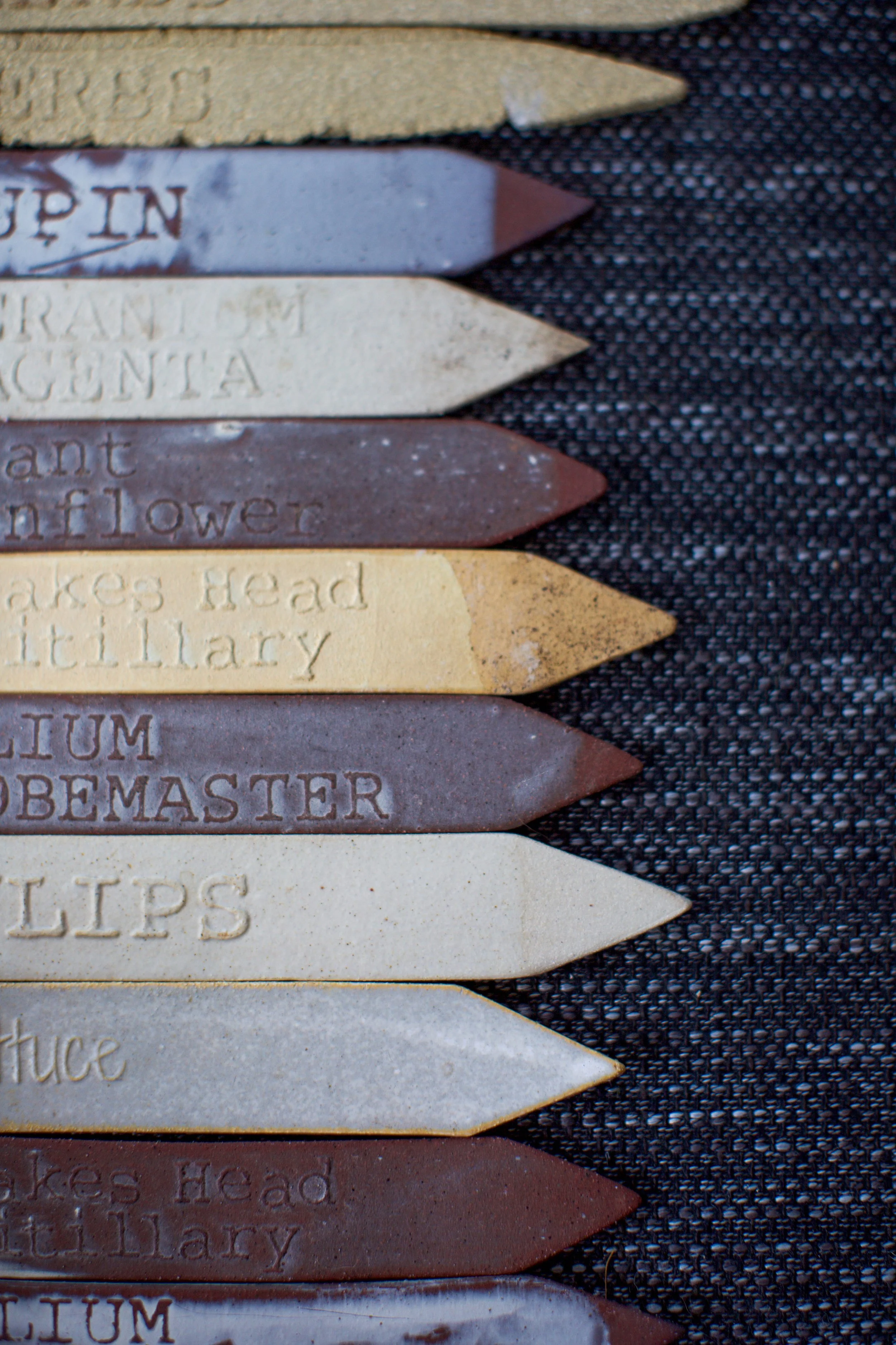 Row of handmade ceramic plant labels in different glaze colours, stamped with plant names including Lupin, Tulips and Allium Globemaster