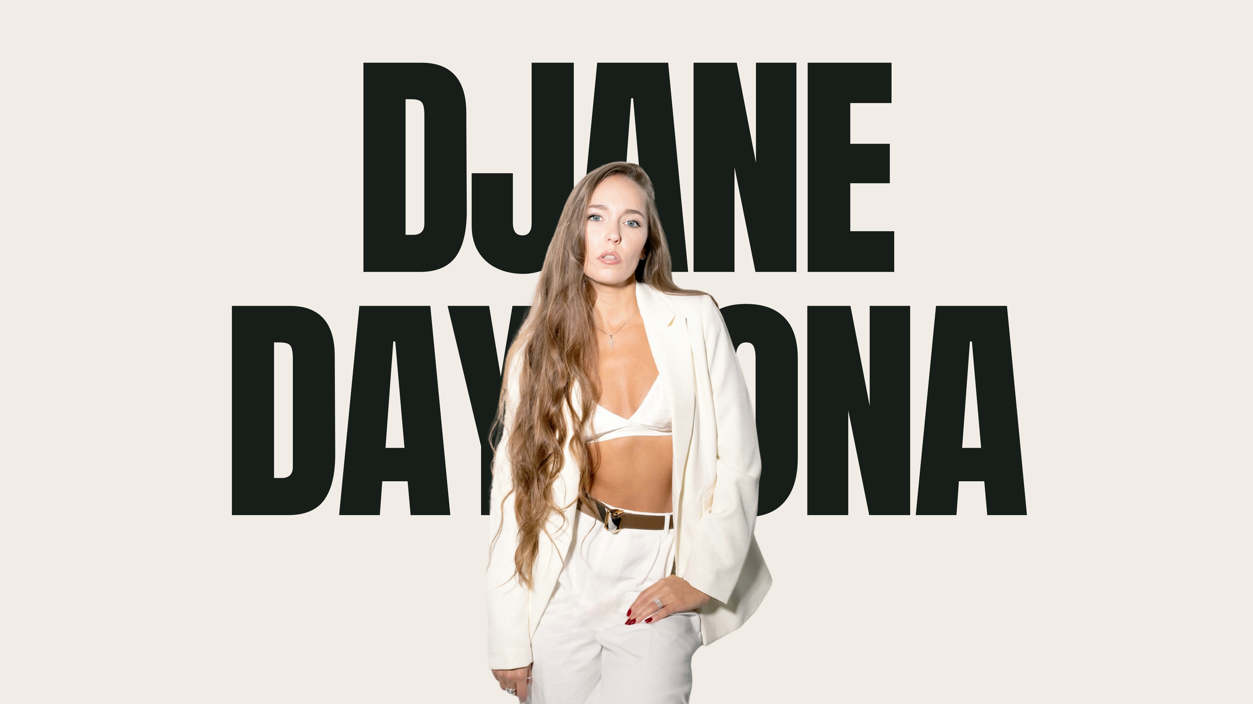 A woman with long wavy hair wearing a white blazer and pants, standing in front of large black text that reads 'DANE DAVIDSON' on a light background.