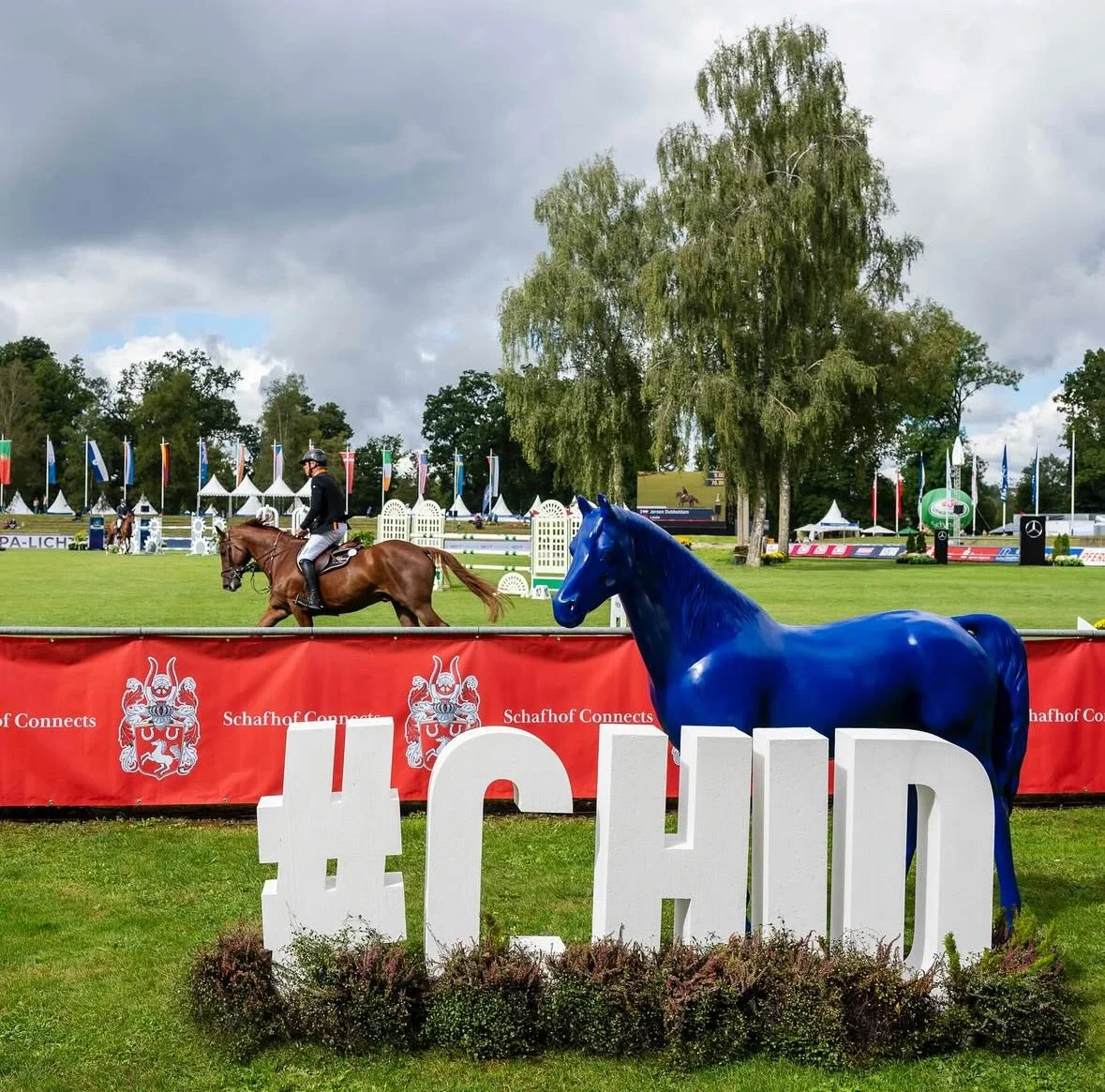 A horse competition event on a grassy field with a rider on a brown horse and a large blue horse sculpture in the foreground, surrounded by trees, flags, and tents.