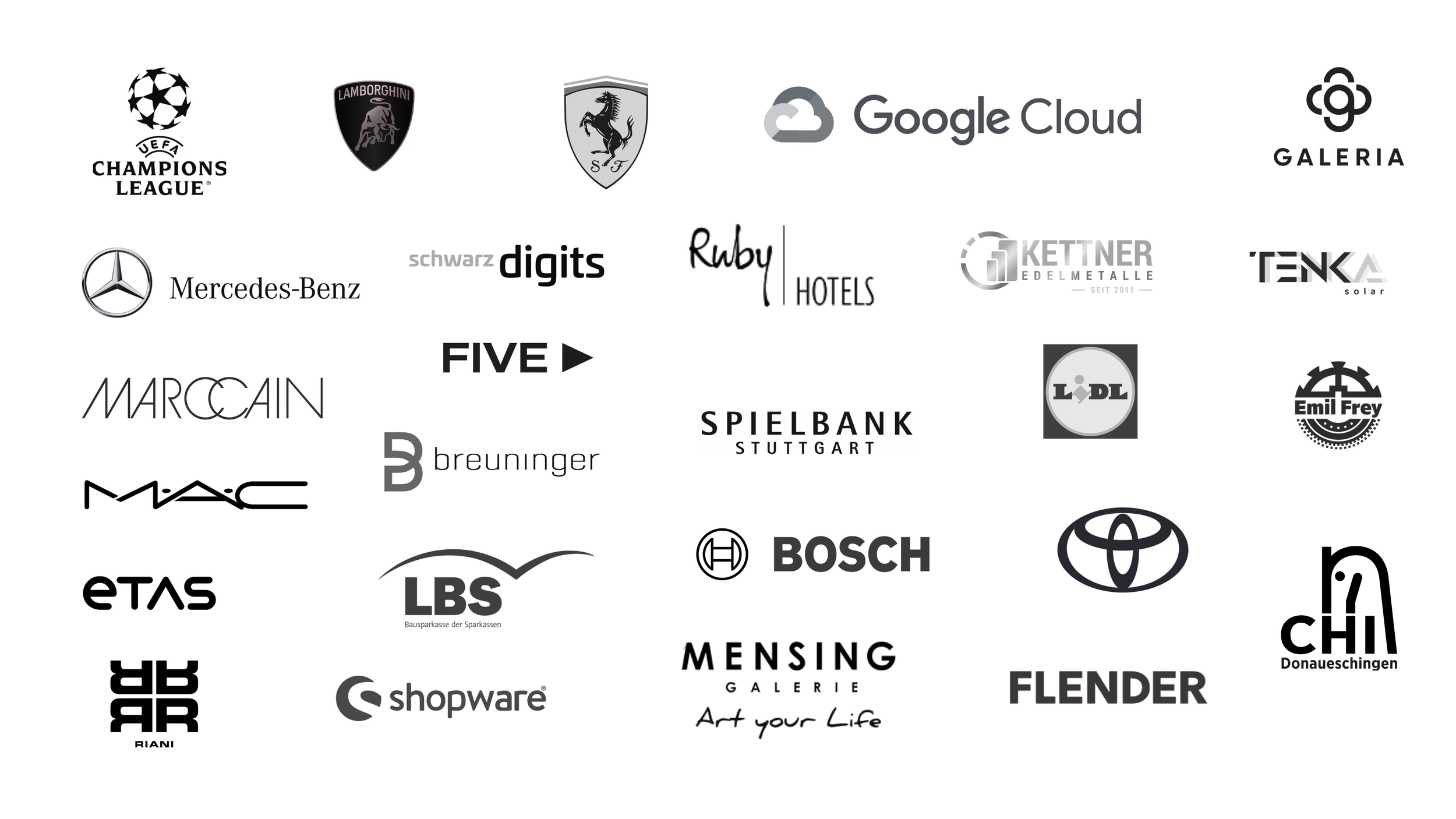 A collection of black-and-white logos from various brands and companies, including UEFA Champions League, Lamborghini, Ferrari, Google Cloud, Galerie, Mercedes-Benz, schwarz digits, Ruby Hotels, Kettner Edelmetalle, TENGA Solar, MAC, breuninger, SPIELBANK Stuttgart, Lidl, Emil Frey, ETAS, LBS, Bosch, Toyota, RIANI, shopware, MENSING Galerie, FLENDER, Donauschingen, and others.