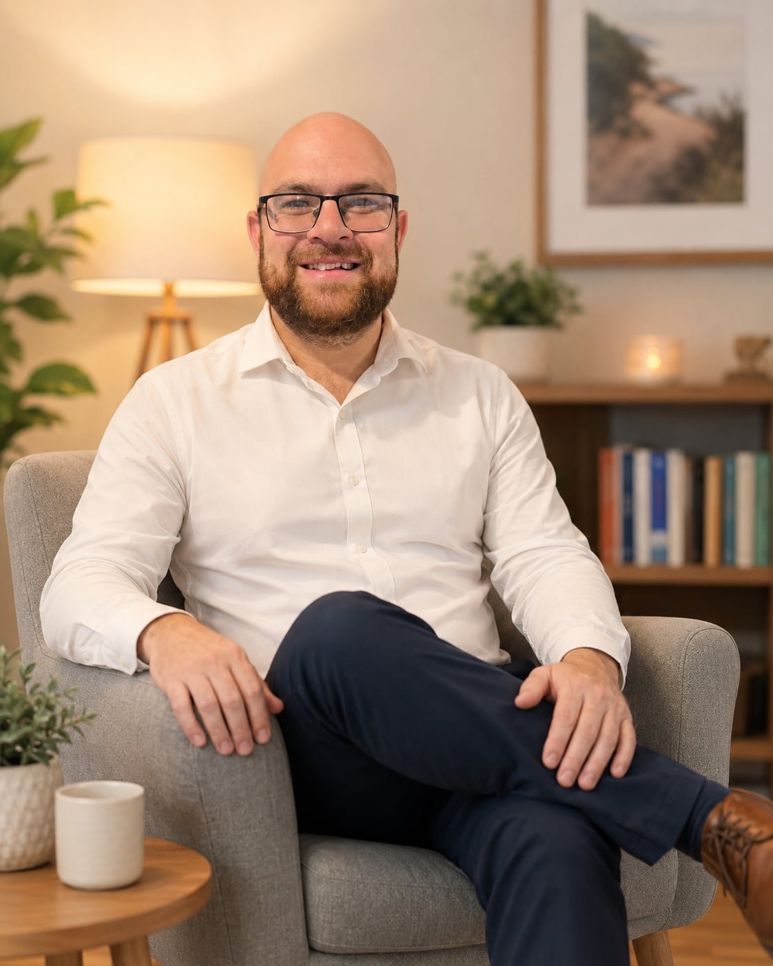 A man with glasses, a beard, and a bald head, smiling and seated in a modern living room with a bookshelf, framed artwork, plant, and lamp in the background.