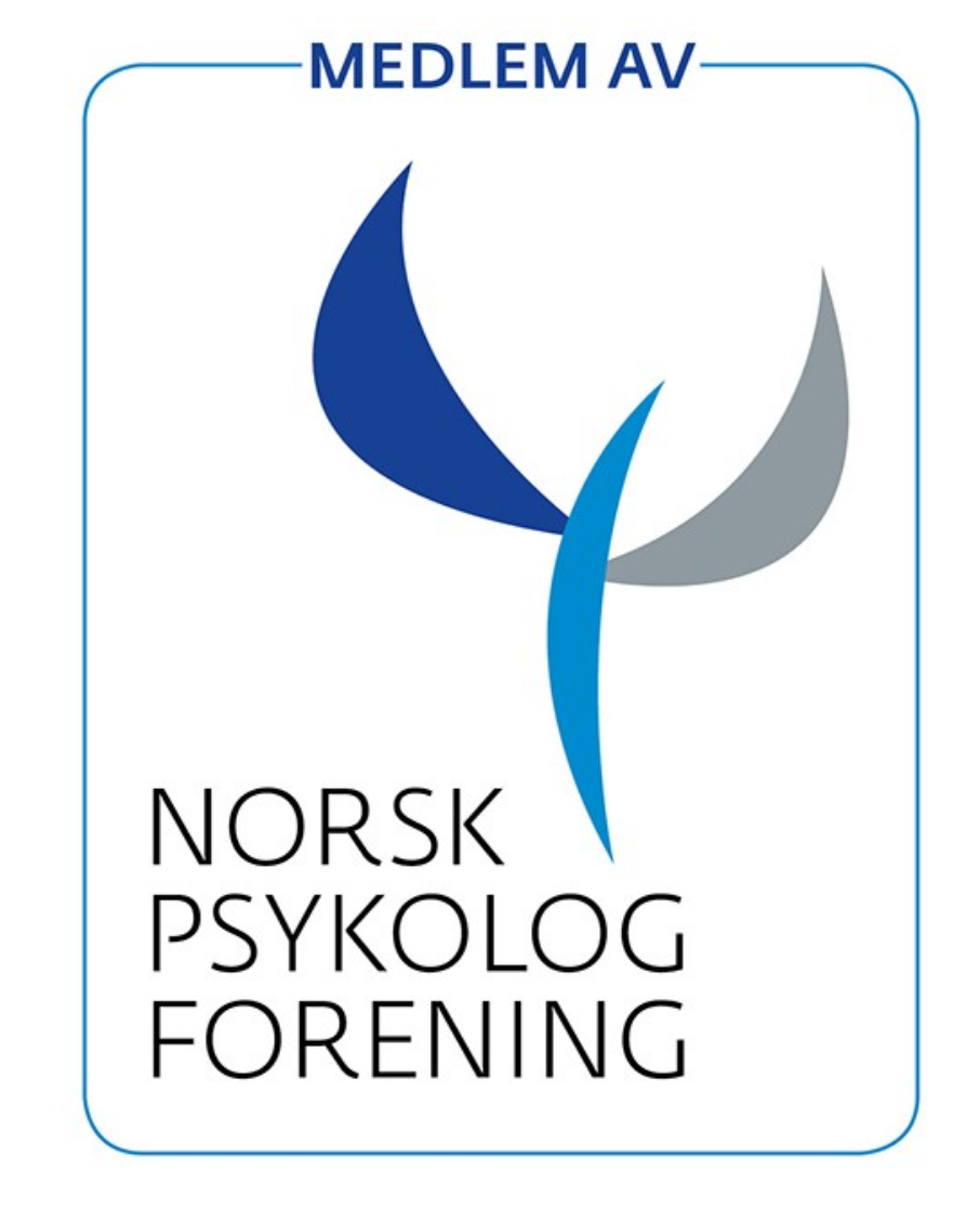 Logo for Norsk Psykolog Forening med en abstrakt blomst i blå og grå nyanser og teksten 'Medlem av Norsk Psykolog Forening'.
