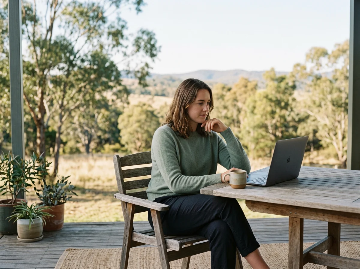 Person attending an online psychology appointment by laptop in a rural setting