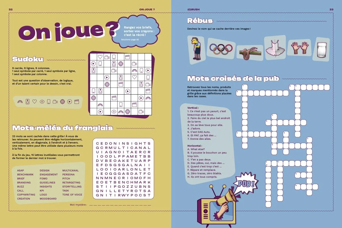 Page de magazine avec activités et quiz, titre "On joue?", section de sudoku, mots mêlés, énigmes et jeux.
