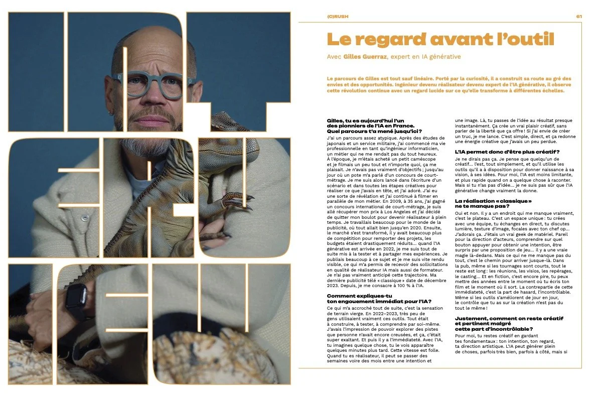 Page d'un magazine avec une photo d'un homme portant des lunettes et un écharpe, le titre 'Le regard avant l'outil' en orange et du texte en français.