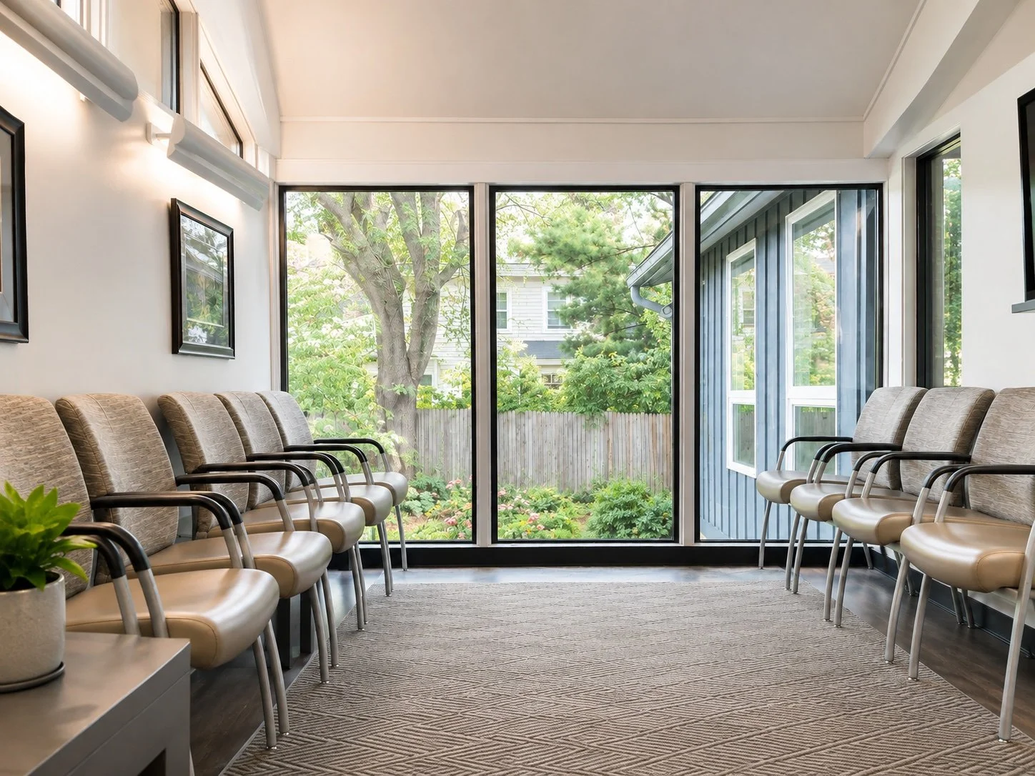Empty waiting room with chairs along the wall, large windows overlooking a backyard garden, and framed pictures on the wall.