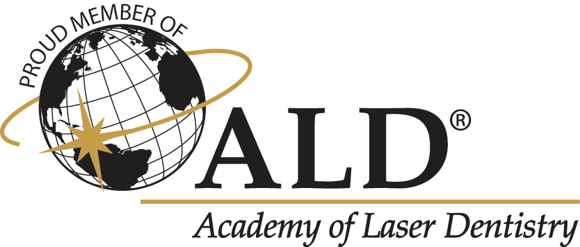 Logo for ALD, the Academy of Laser Dentistry, featuring a black globe with a gold star and orbit, and the text 'Proud Member of ALD' and 'Academy of Laser Dentistry'.