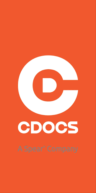Orange background with a white stylized 'C' logo above the text 'CDOCS' and smaller text 'A Spear Company'.